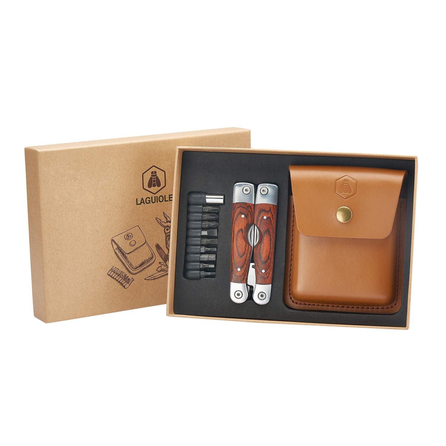 LAGUIOLE - Laguiole 4268486 Edelstahl-Multifunktionszange (8 Funktionen) mit Pakka-Holz-Griff und braunem Lederetui - - Braun