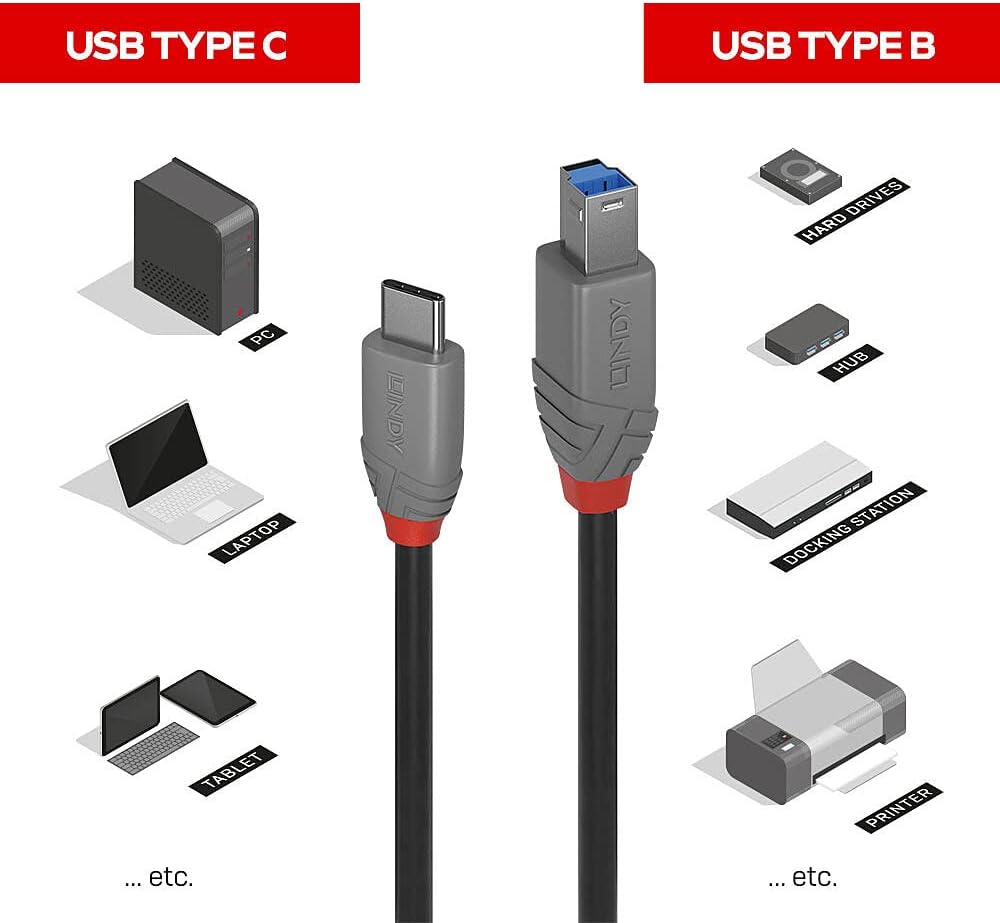 LINDY 1m USB 3.1 Cable, USB-C Male to USB-B 3.0 Male Type B, for MacBook Pro/Air, External Hard Drive, Scanner, Printer, Docking Station