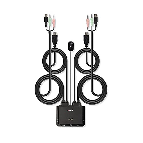 Lindy Conmutador KVM de 2 Puertos HDMI 2.0, USB 2.0 y Cable de Audio