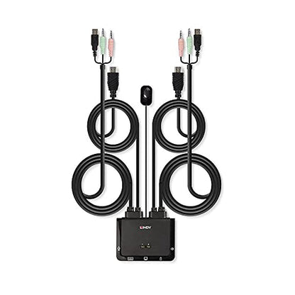 Lindy Conmutador KVM de 2 Puertos HDMI 2.0, USB 2.0 y Cable de Audio