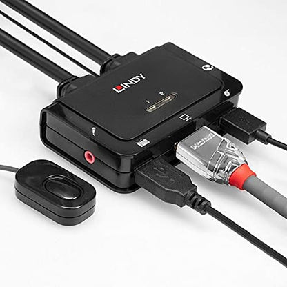 Lindy Conmutador KVM de 2 Puertos HDMI 2.0, USB 2.0 y Cable de Audio