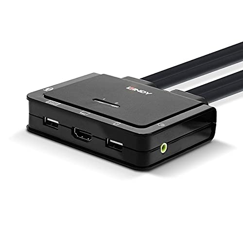 Lindy Conmutador KVM de 2 Puertos HDMI 2.0, USB 2.0 y Cable de Audio