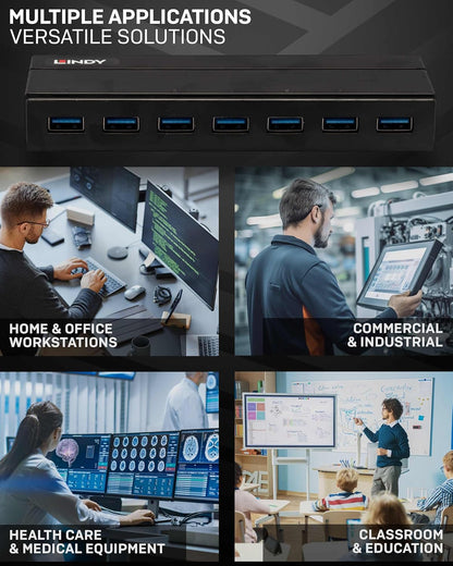 High-Speed Lindy 7-Port USB 3.0 Hub with Enhanced BC 1.2 Charging - Efficient Multi-Device Connection & Fast Charging for PCs and Macs