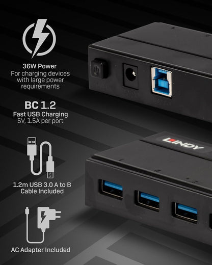 High-Speed Lindy 7-Port USB 3.0 Hub with Enhanced BC 1.2 Charging - Efficient Multi-Device Connection & Fast Charging for PCs and Macs