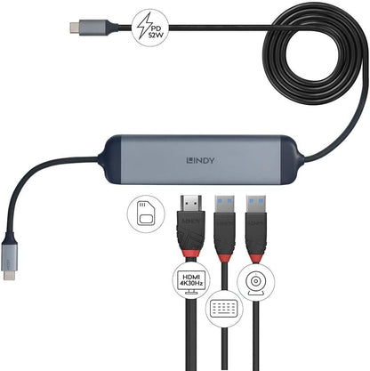 Lindy DST-Micro 140, USB C Laptop Micro Docking Station with 4K & 1.4m 60W Charging Cable for HP Mac Acer Dell Asus Lenovo with HDMI, SD, microSD, 2 SuperSpeed USB