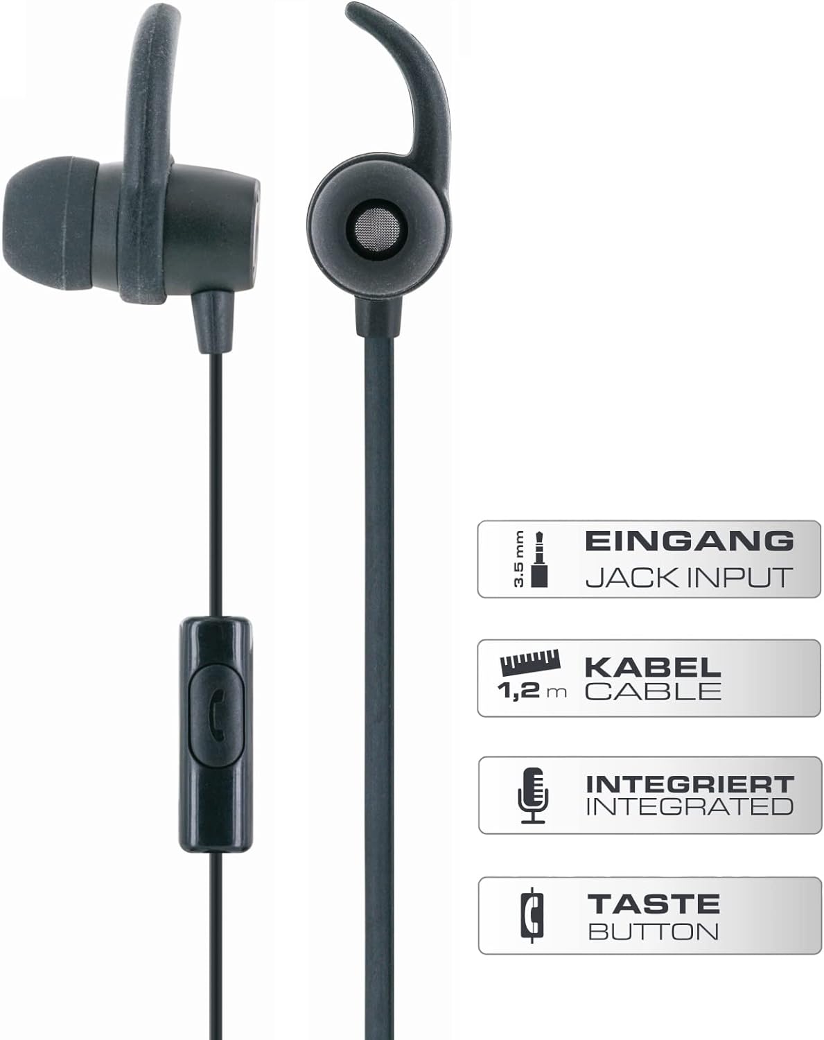 Schwaiger KH470S 512 In-Ear Headphones with Silicone Ear Pads Cable Microphone Slim Cable Acceptance Button Jack Plug Noise Cancelling Wired 1.2 m 100 dB Black