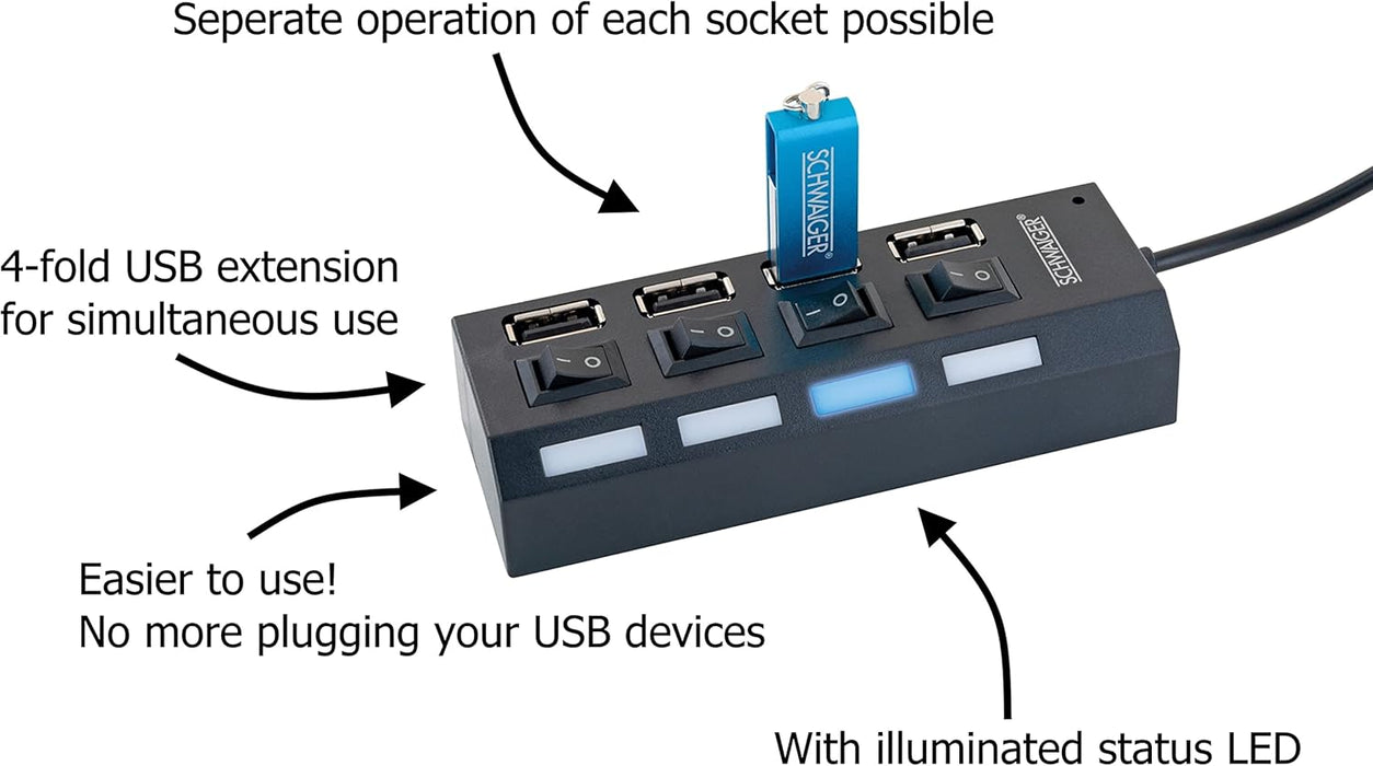 SCHWAIGER - UH4 013 - 4-way USB hub to extend a USB port, for all Windows and Mac systems, can be individually switched on and off