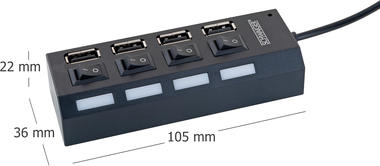 SCHWAIGER - UH4 013 - 4-way USB hub to extend a USB port, for all Windows and Mac systems, can be individually switched on and off