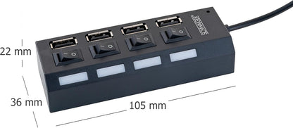 SCHWAIGER - UH4 013 - 4-way USB hub to extend a USB port, for all Windows and Mac systems, can be individually switched on and off