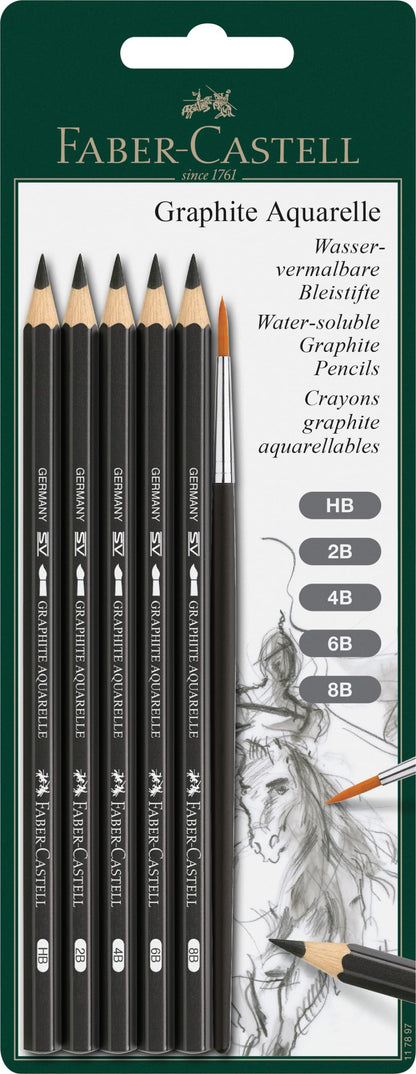 Faber-Castell 117897 - Grafiet aquarelpotlodenset, 6 stuks, incl. aquarelpenseel, voor kunstenaars