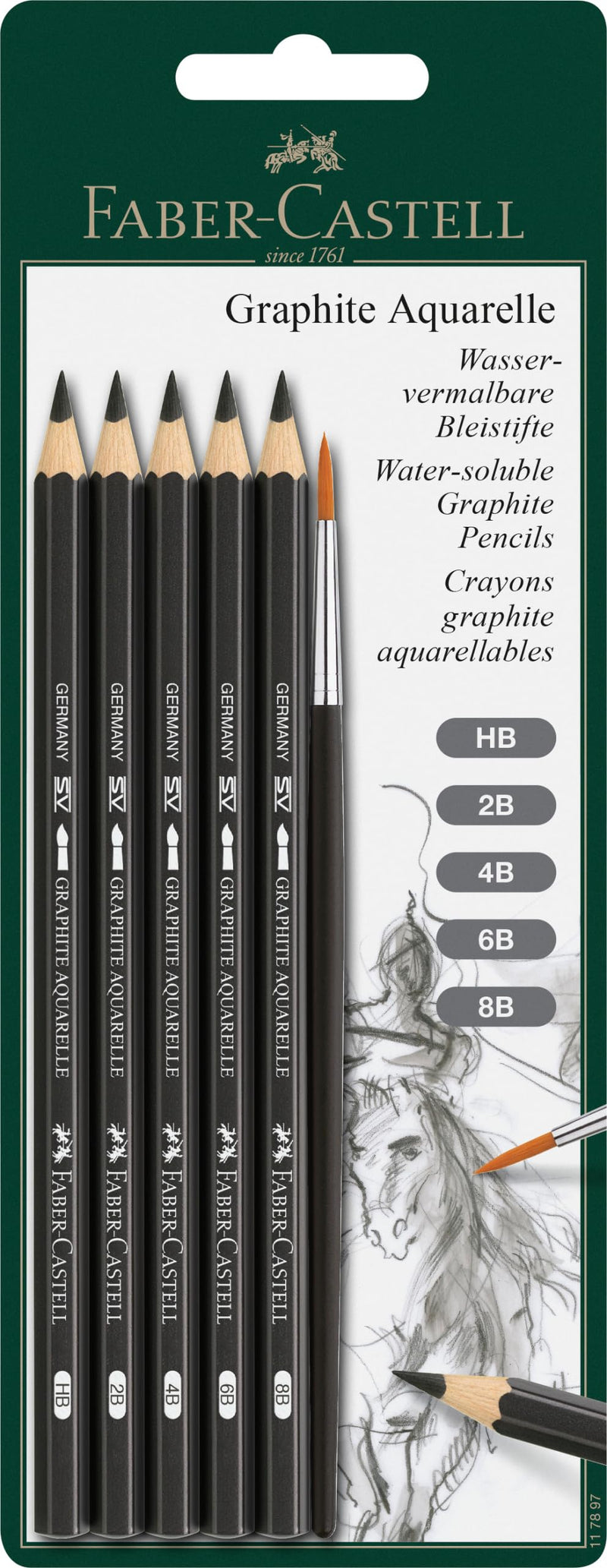 Faber-Castell 117897 - Grafiet aquarelpotlodenset, 6 stuks, incl. aquarelpenseel, voor kunstenaars