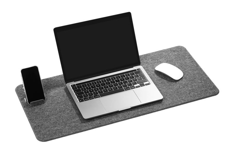 Durable Premium Soft Felt Desk Mat - Integrated Phone Holder - Made of Recycled PET Flet - Foldable & Always Perfectly Flat - 70 x 33cm - Grey