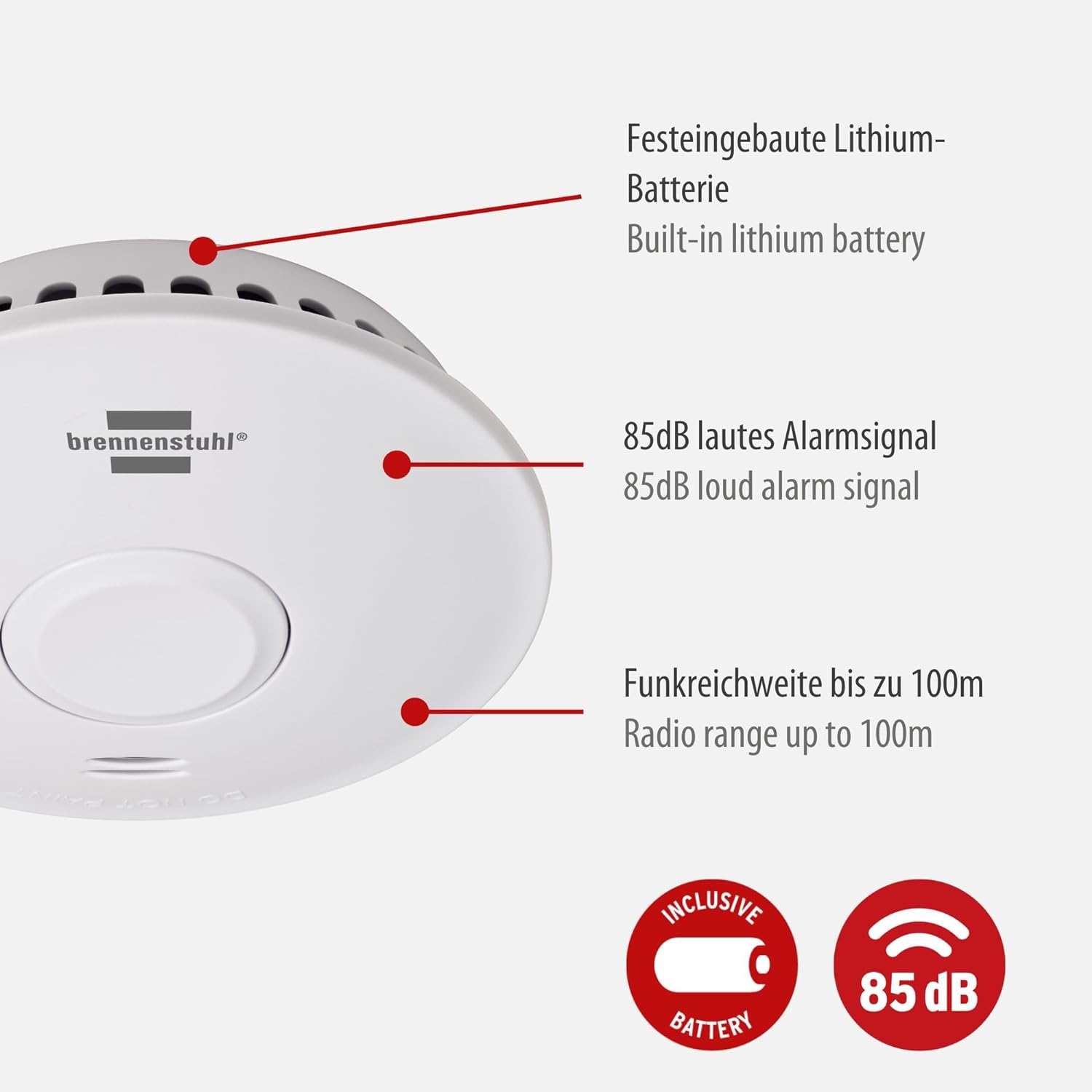Brennenstuhl Funk-Rauchwarnmelder RM L 3101 4er Set/Vernetzbare Rauchmelder mit Batterie (vernetzbar mit bis zu 40 Rauchmeldern, inkl. Befestigungsmaterial, geprüft nach DIN EN 14604) 4x