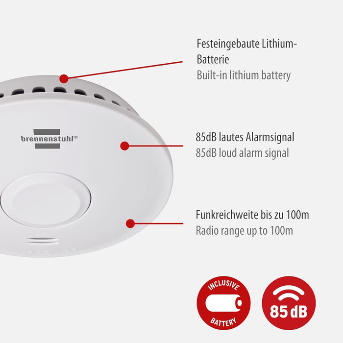 Brennenstuhl Funk-Rauchwarnmelder RM L 3101 4er Set/Vernetzbare Rauchmelder mit Batterie (vernetzbar mit bis zu 40 Rauchmeldern, inkl. Befestigungsmaterial, geprüft nach DIN EN 14604) 4x