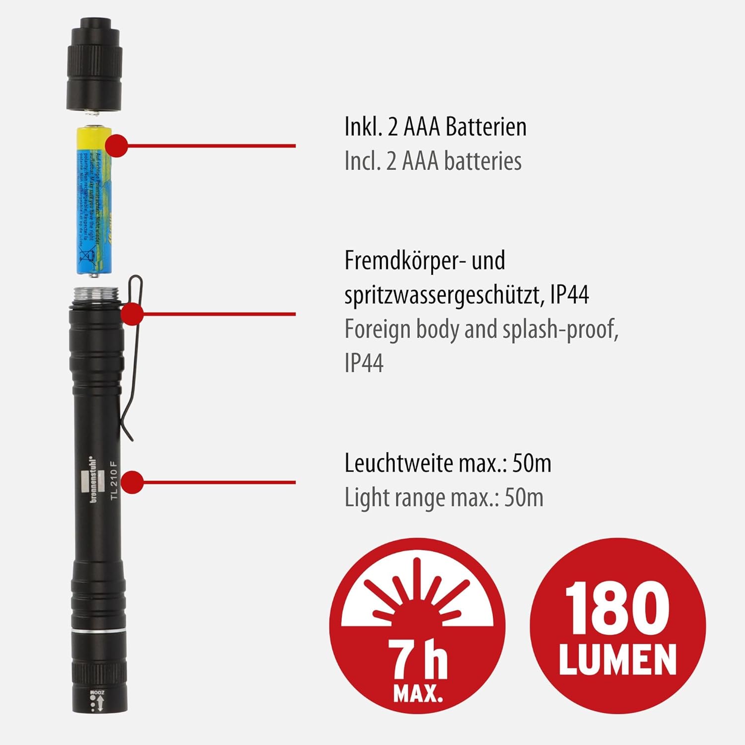 Brennenstuhl Taschenlampe LED LuxPremium TL 210 F/Handlampe mit Batterien und heller Osram-LED (180lm, bis zu 7h Leuchtdauer, 50m Leuchtweite, fremdkörper- und spritzwassergeschützt IP44)
