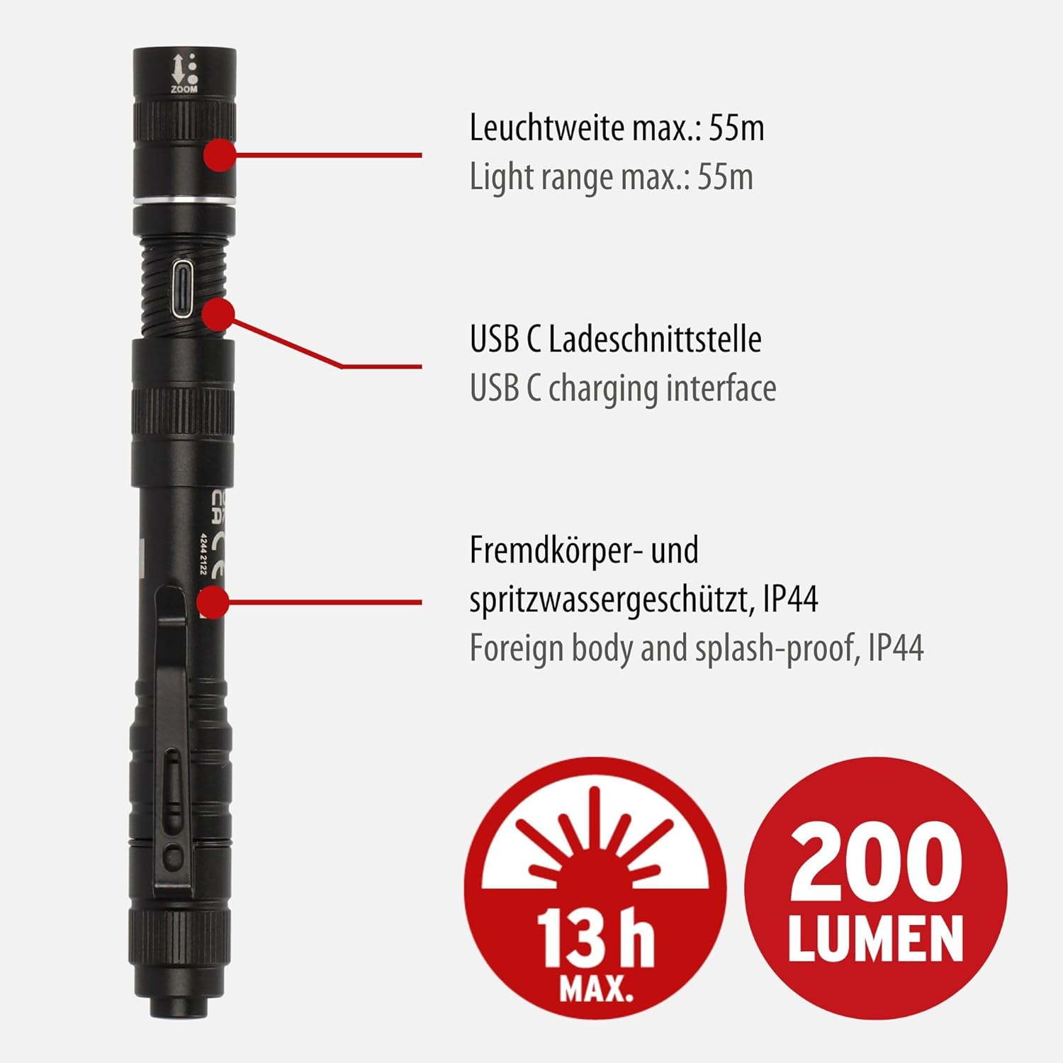 Brennenstuhl Akku Taschenlampe LED LuxPremium TL 210 AF/Handlampe mit heller Osram-LED (200lm, bis zu 13h Leuchtdauer, 55m Leuchtweite, fremdkörper- und spritzwassergeschützt IP44)