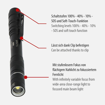Brennenstuhl Akku Taschenlampe LED LuxPremium TL 210 AF/Handlampe mit heller Osram-LED (200lm, bis zu 13h Leuchtdauer, 55m Leuchtweite, fremdkörper- und spritzwassergeschützt IP44)
