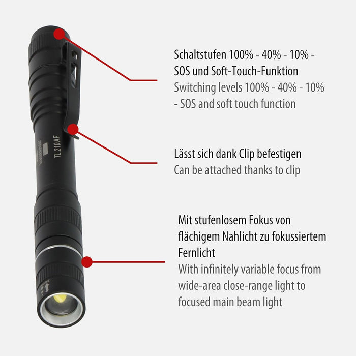 Brennenstuhl Akku Taschenlampe LED LuxPremium TL 210 AF/Handlampe mit heller Osram-LED (200lm, bis zu 13h Leuchtdauer, 55m Leuchtweite, fremdkörper- und spritzwassergeschützt IP44)