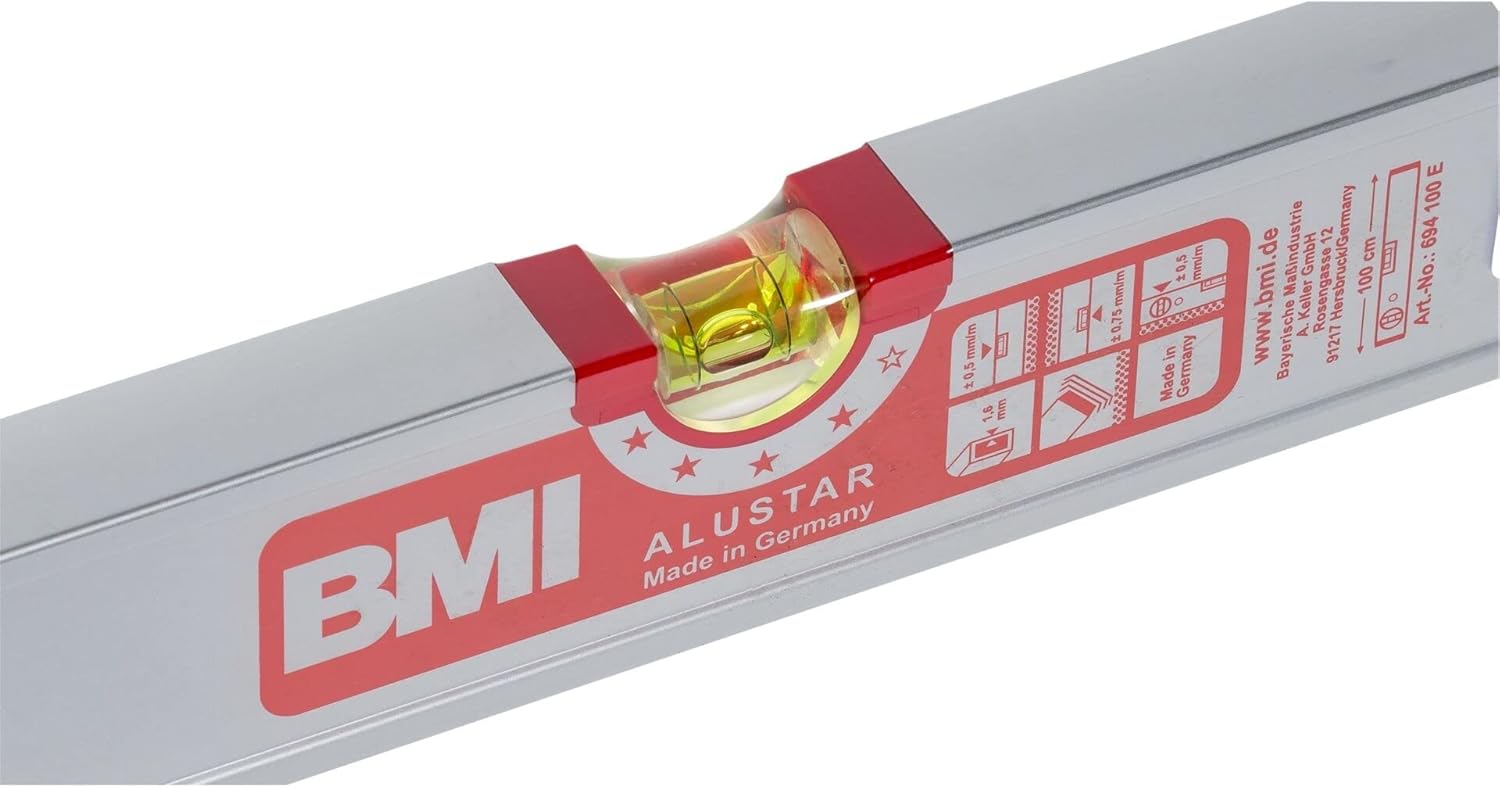 BMI Alu-Profile Spirit Level ALUSTAR (100 cm Long, Edgeless Horizontal Level with Magnifying Effect, High Measuring Accuracy 0.5 mm/m, with Rubber End Caps) 694100E (L x W x H) 100 x 2.4 x 5.5 cm