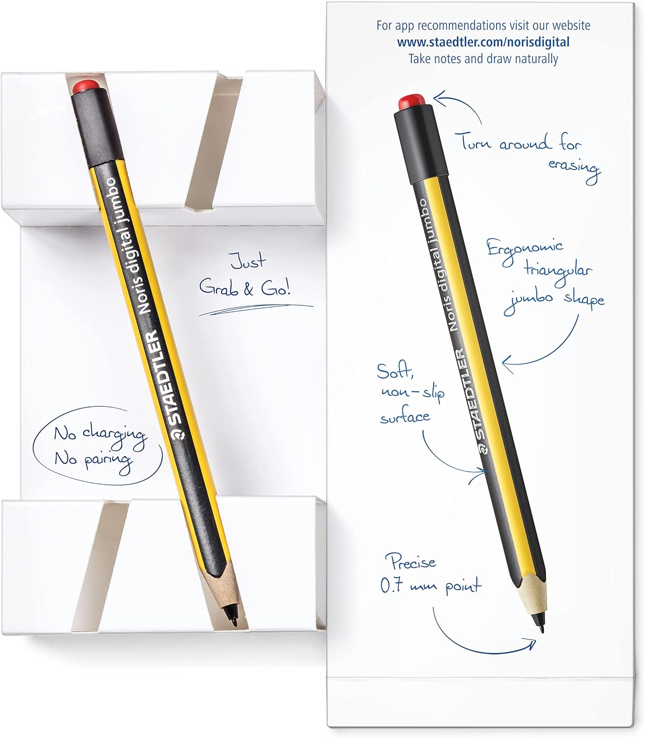 STAEDTLER 180J 22-1 Noris Digital Jumbo EMR Stylus with Soft Digital Eraser - For Digital Writing, Drawing and Erasing on EMR Equipped Displays (Please check the compatibility list before purchase