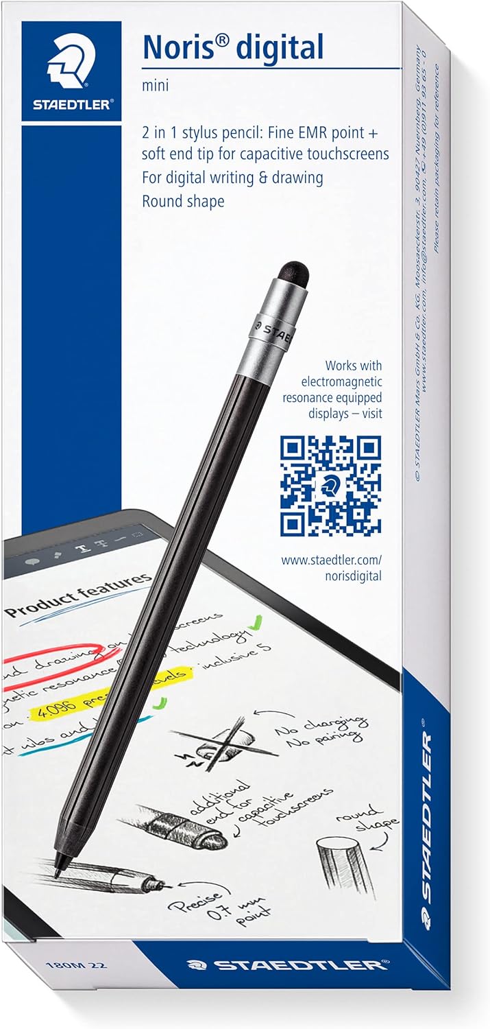 STAEDTLER Noris Digital Mini 180M 22, 2-in-1 Stylus Pen for Digital Writing and Drawing on EMR and Capacitive Touchscreens (Round Shape, Includes 5 EMR Replacement Tips and Tool) Standard