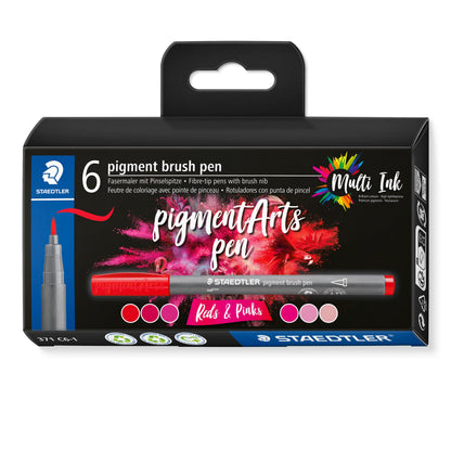 STAEDTLER 371 C6-1 Pigment Arts Brush Pen - Assorted Red & Pink Colours (Pack of 6) Reds & Pinks