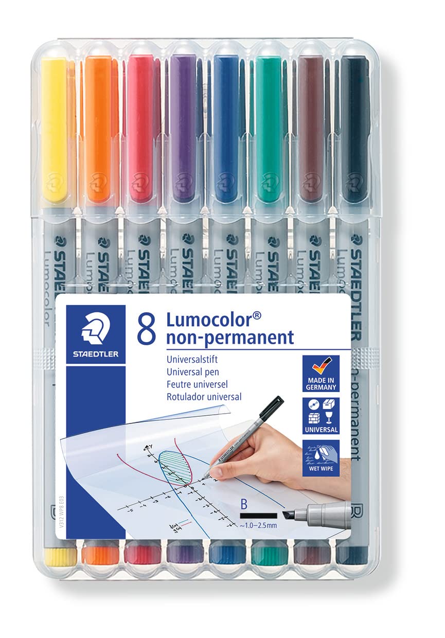 Staedtler 312 WP8 Lumocolor Universal Non Permanent Broad Pens - Assorted Colours 1 count (Pack of 8) 1.0-2.5 mm Line Width Assorted Colours