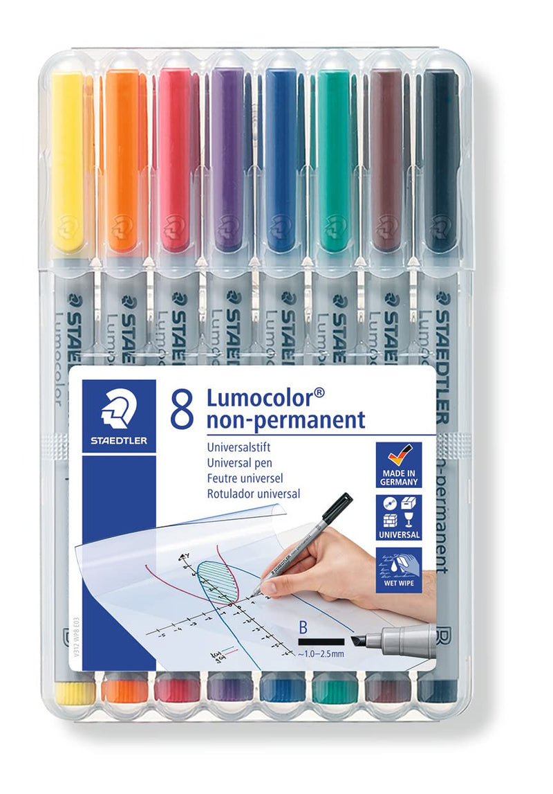 Staedtler 312 WP8 Lumocolor Universal Non Permanent Broad Pens - Assorted Colours 1 count (Pack of 8) 1.0-2.5 mm Line Width Assorted Colours
