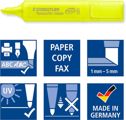 STAEDTLER Textsurfer Classic Highlighter Pens with Large Ink Reservoir for Extra Long Marking Performance Set of 4 Yellow Highlighters 364-1P WP4