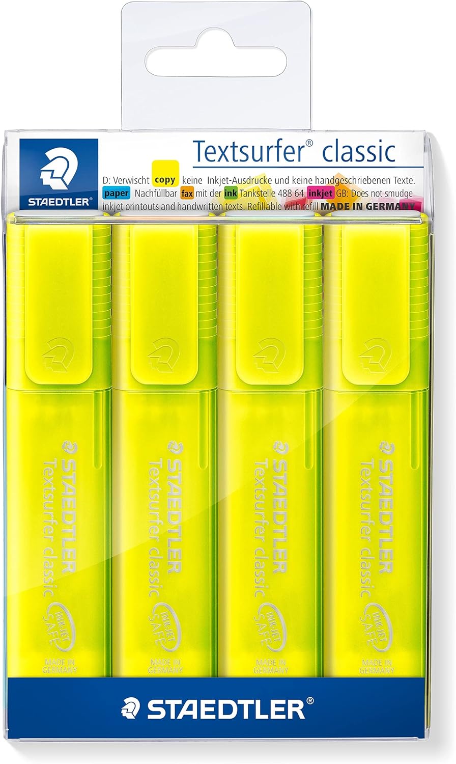 STAEDTLER Textsurfer Classic Highlighter Pens with Large Ink Reservoir for Extra Long Marking Performance Set of 4 Yellow Highlighters 364-1P WP4