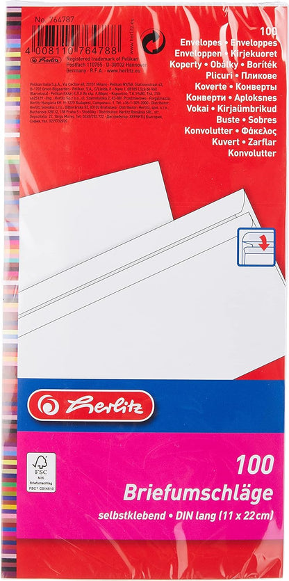 Herlitz DIN Long Format envelopes, Peel and Seal with Window, Pack of 100 with Inner Print in Sealed foil Packaging, White Without Window dl White