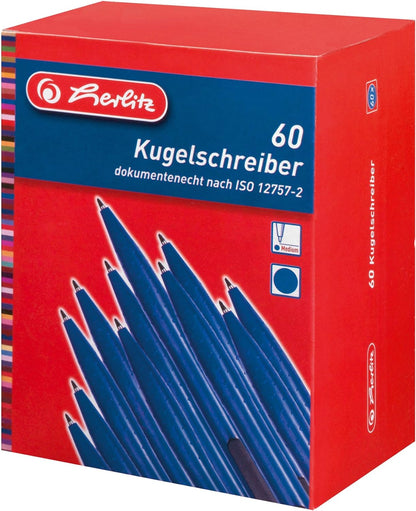 Herlitz Biro Ballpoint Pen in Cardboard Box - Blue (Pack of 60) 60 count (Pack of 1) blue