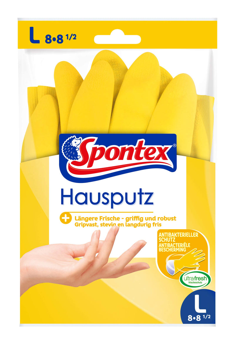 Spontex Hausputz Handschuhe, für alle Putz- und Pflegearbeiten im Haushalt, griffig und robust, innen mit Baumwollbeflockung, Größe L (10 x 1 Paar), Gelb L Hausputz