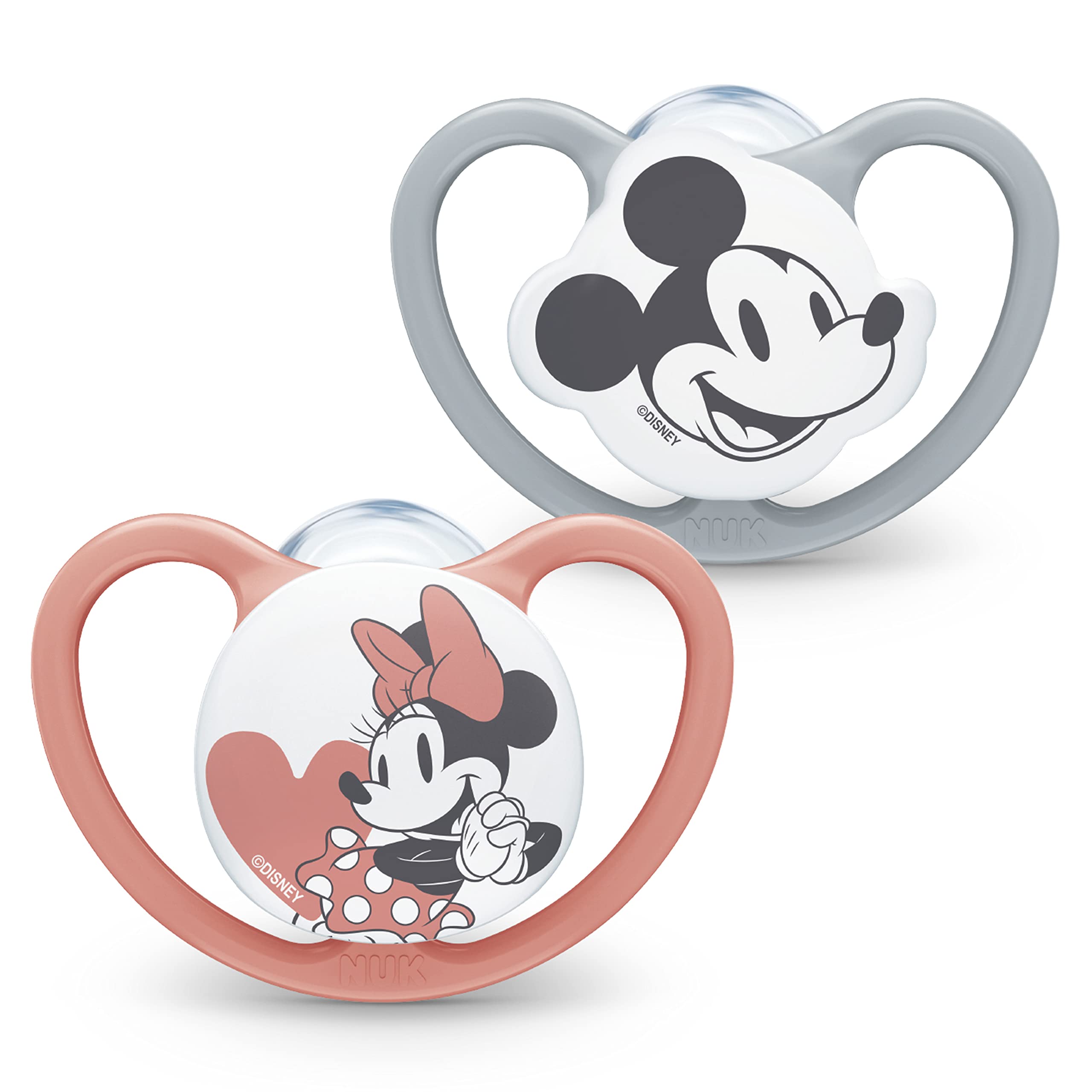 NUK Space Schnuller | 6-18 Monate | Schnuller mit extra Belüftung | BPA-freies Silikon | Disney Mickey Maus | grau und rosa | 2 Stück 6-18m Standard Minnie Maus
