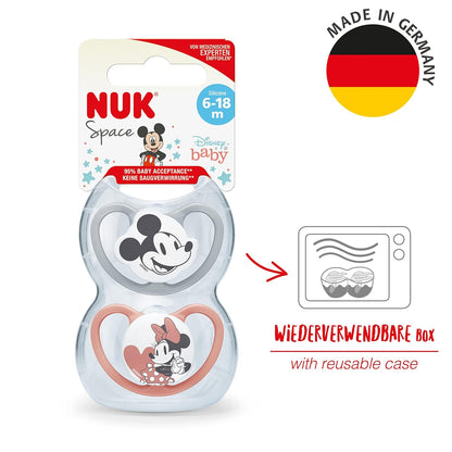 NUK Space Schnuller | 6-18 Monate | Schnuller mit extra Belüftung | BPA-freies Silikon | Disney Mickey Maus | grau und rosa | 2 Stück 6-18m Standard Minnie Maus