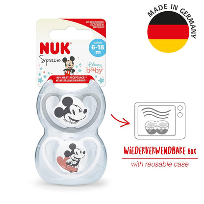 NUK Space Schnuller | 6-18 Monate | Schnuller mit extra Belüftung | BPA-freies Silikon | Disney Mickey Maus | grau und weiß | 2 Stück 6-18m Standard Mickey Maus