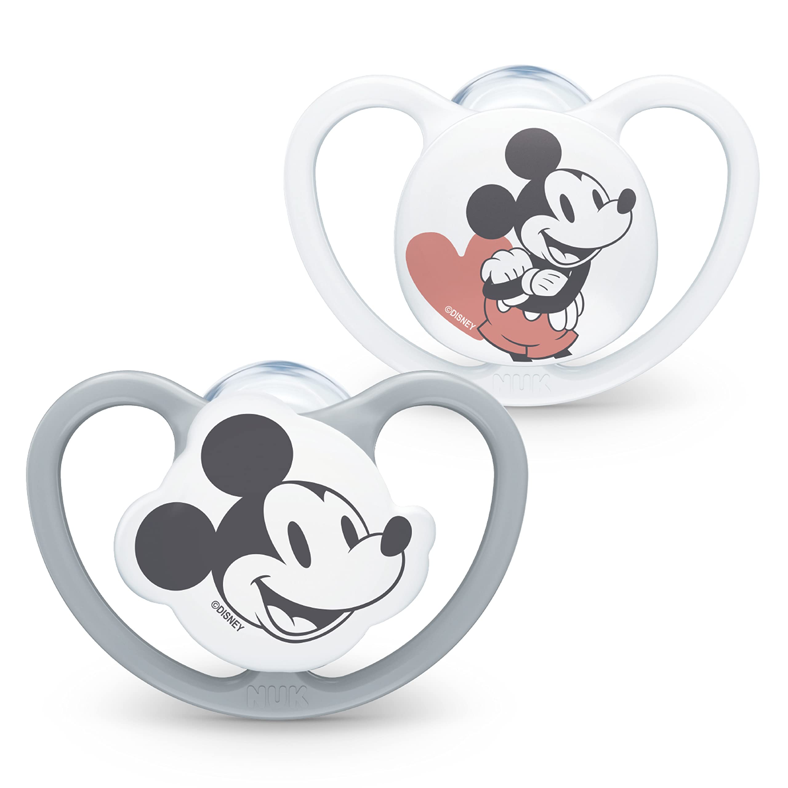 NUK Space Schnuller | 6-18 Monate | Schnuller mit extra Belüftung | BPA-freies Silikon | Disney Mickey Maus | grau und weiß | 2 Stück 6-18m Standard Mickey Maus