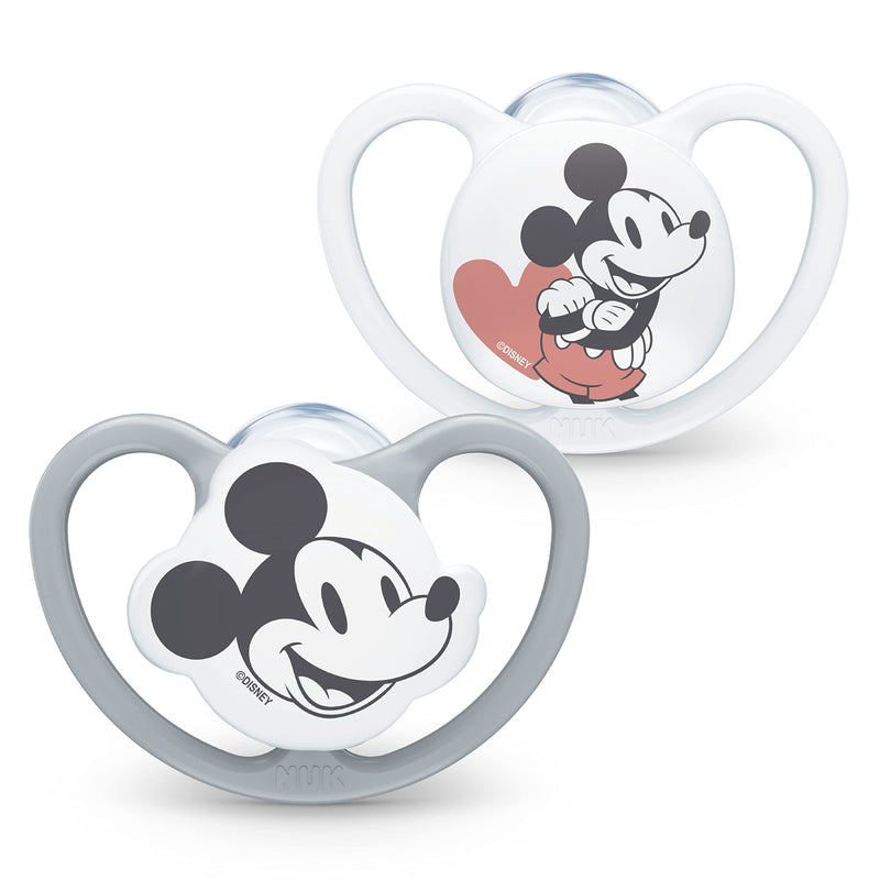 NUK Space Schnuller | 6-18 Monate | Schnuller mit extra Belüftung | BPA-freies Silikon | Disney Mickey Maus | grau und weiß | 2 Stück 6-18m Standard Mickey Maus