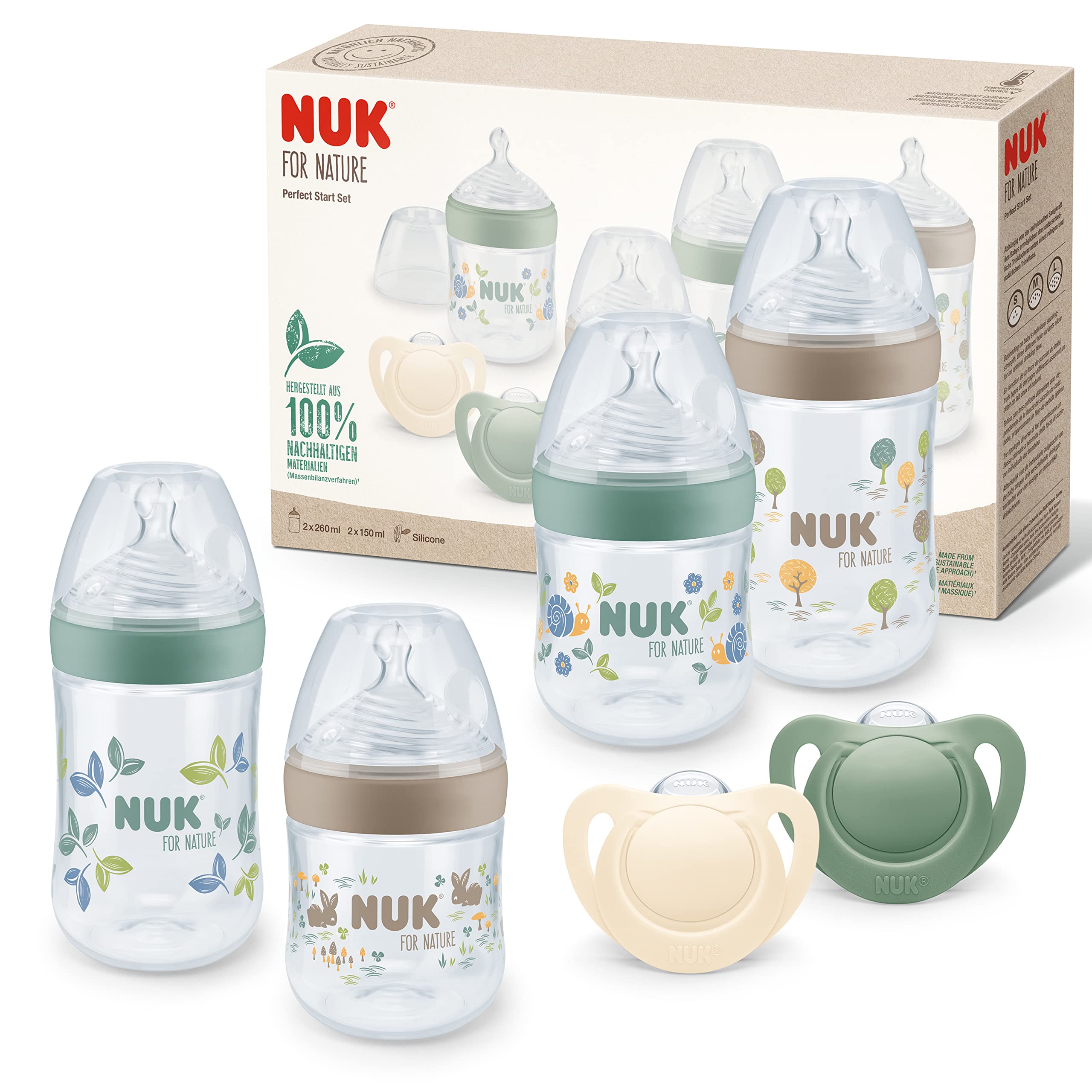 NUK for Nature Perfect Start Baby Bottle & Dummy Set, 0-6 Months, 100% Natural Raw Materials, 4 x Bottles (150 ml & 260 ml), 2 x Silicone Soothers, BPA-Free, 6 Count Perfect Start Set Nuk for Nature