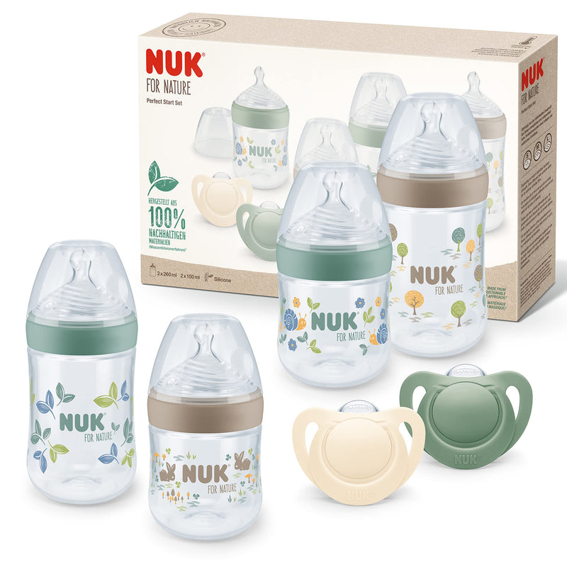 NUK for Nature Perfect Start Baby Bottle & Dummy Set, 0-6 Months, 100% Natural Raw Materials, 4 x Bottles (150 ml & 260 ml), 2 x Silicone Soothers, BPA-Free, 6 Count Perfect Start Set Nuk for Nature