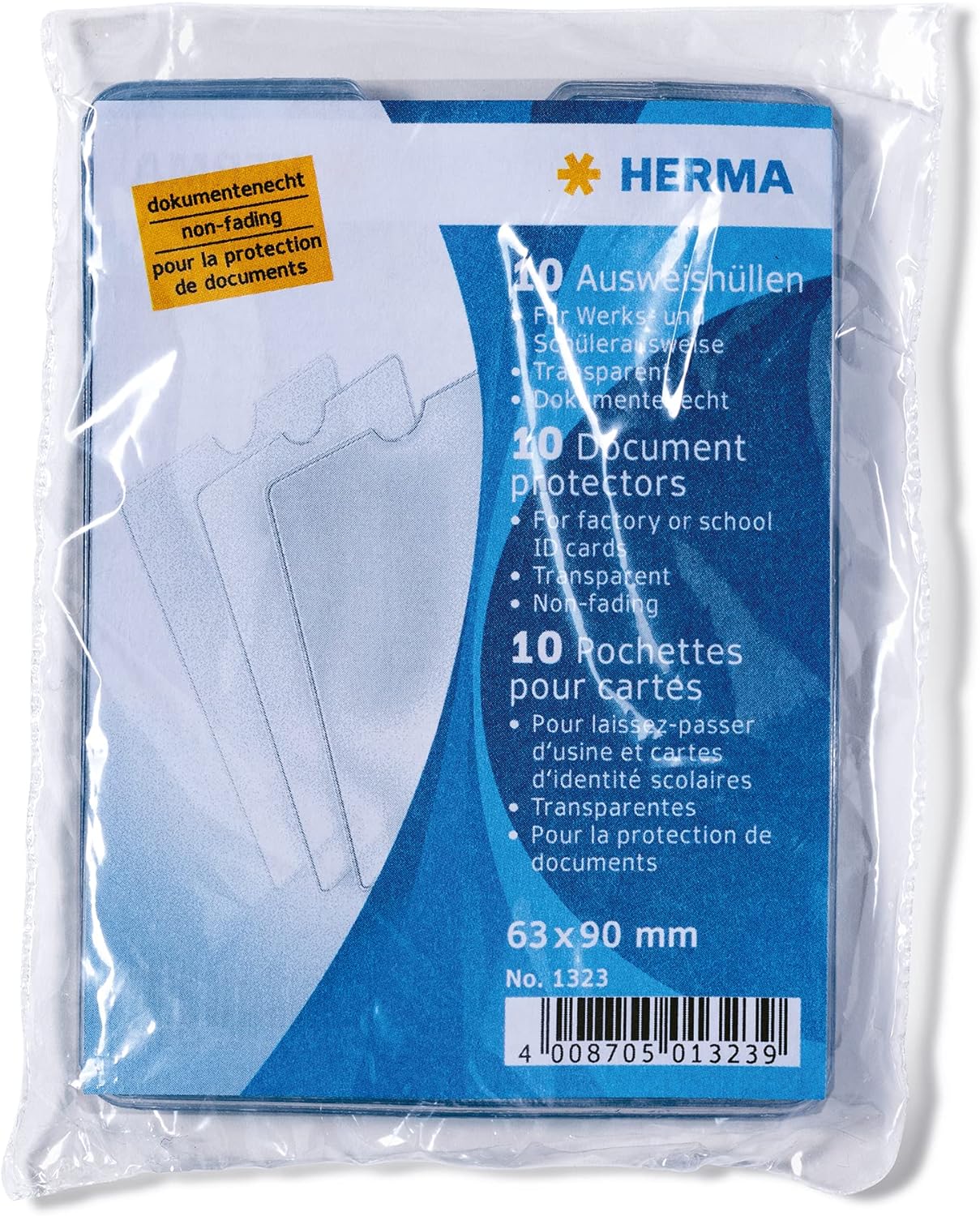 HERMA 1323 ID Card Holder Transparent Pack of 10 ID Holders for Protection for Work IDs & Student IDs, Plastic Card Sleeves Protective Cover Set, Transparent 63 x 90 mm Pack of 10