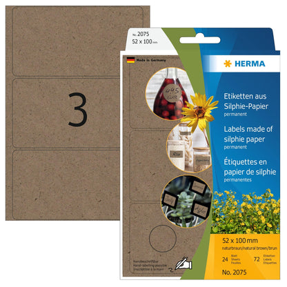 HERMA 2075 Multi-Purpose Labels, 24 Sheets, 52 x 100 mm, 3 per Sheet, 72 Stickers, Self-Adhesive Household Labels for Labelling, Matt, Blank Adhesive Labels Made of Silphie Paper, Natural Brown
