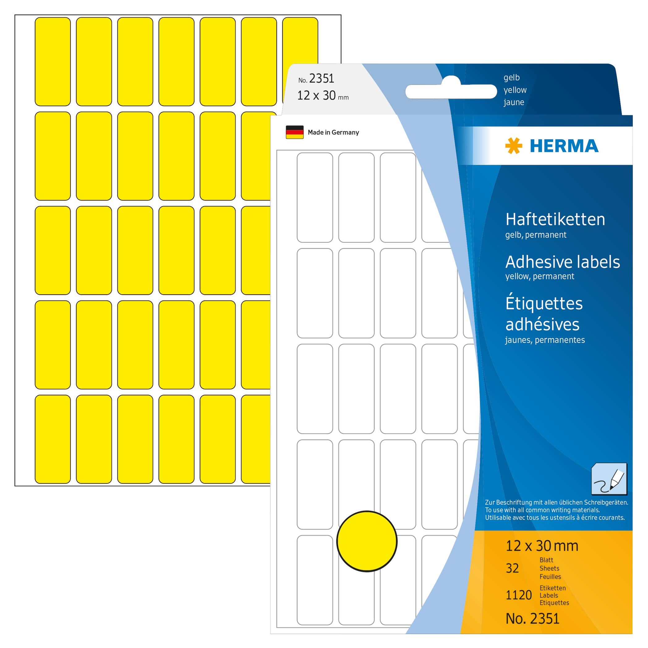HERMA 2351 Multi-purpose labels 12x30 mm yellow paper matt hand inscription 1120 pcs. Yellow 12 x 30mm Large pack