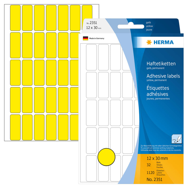 HERMA 2351 Multi-purpose labels 12x30 mm yellow paper matt hand inscription 1120 pcs. Yellow 12 x 30mm Large pack
