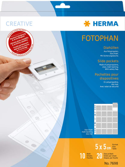 HERMA 7698 Fotophan Slide Sleeves DIN A4 Transparent (5 x 5 cm, 10 Pockets, Film, Clear/Matte) Slide Archiving for Framed Slides with Safety Tab and Euro Holes 10 Hüllen Clear / matt