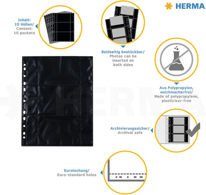 HERMA Photo Pockets for Ring Binder Albums, Acid Free, 13 x 9 cm Landscape Format, 60 Pockets, Black Black 13 x 9 cm 10 Sheets