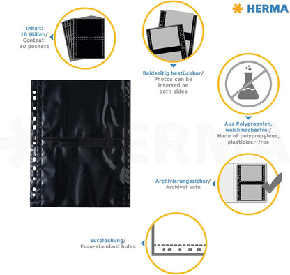 HERMA Photo Pockets for Ring Binder Albums, Acid Free, 18 x 13 cm Landscape Format, 40 Pockets, Black Black 18 x 13 cm 10 Sheets