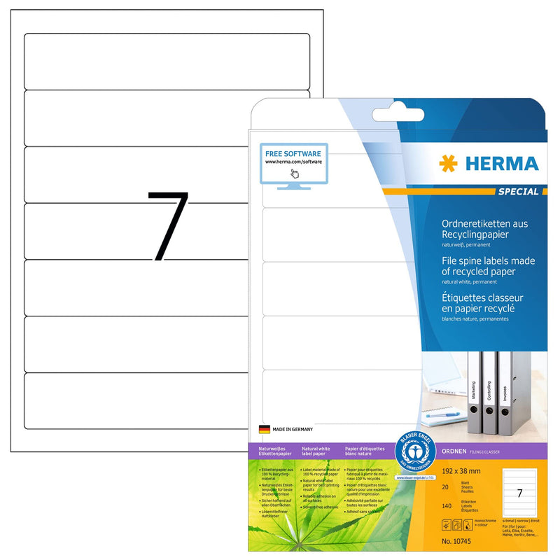HERMA 10745 Self Adhesive Recycled Spine Labels, 7 Labels per A4 Sheet, 20 Sheets, 192 x 38 mm, 140 Labels, Blank Lever Arch File Folder Stickers, Labels for Laser & Inkjet Printer, Natural White 20 sheets 192 x 38 mm