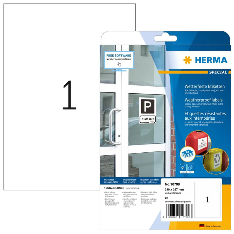 HERMA 10798 Waterproof Labels Waterproof 20 Sheets 210 x 297 mm 1 per A4 Sheet Pack of 20 Self-Adhesive Printable Matt Blank Outdoor Adhesive Labels Made of Special Paper White 210 x 297 mm 20 sheets
