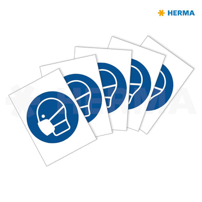 HERMA 12923 Hinweis Aufkleber Mundschutz tragen 5er Set (Ø 20 cm, 5 Blatt, Polyesterfolie) selbstklebend, wetterfest, rückstandsfrei ablösbare Hinweißchilder, blau Ø 20 cm Hinweis-Aufkleber Mundschutz tragen
